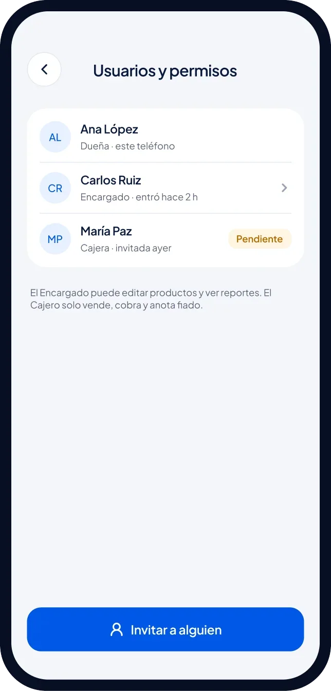 Pantalla de usuarios y permisos