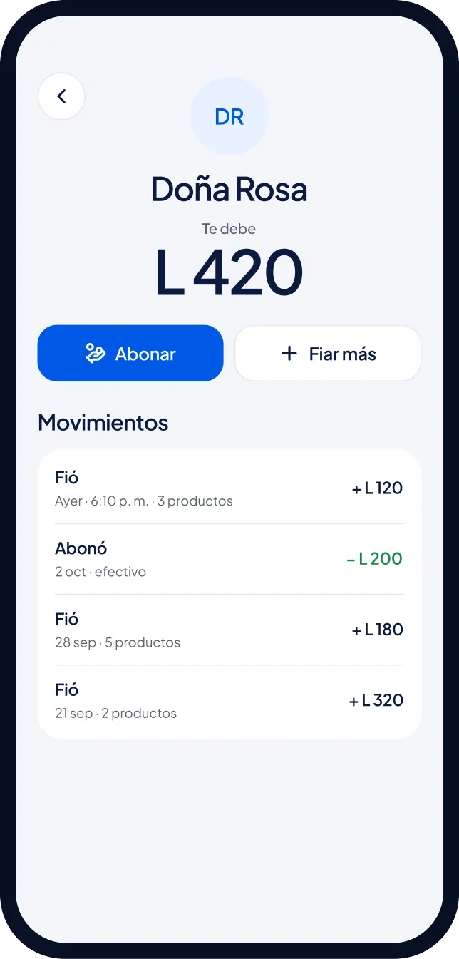 Pantalla de fiado de un cliente con su saldo y movimientos