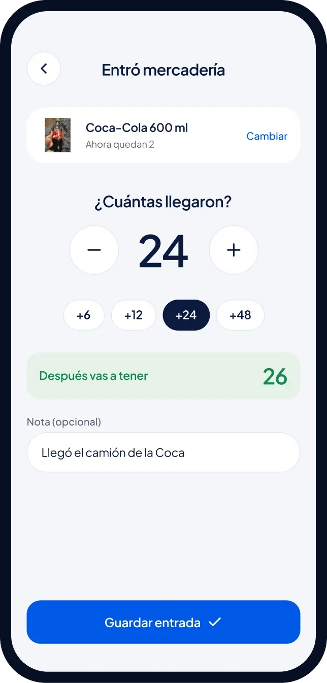 Pantalla para registrar la mercadería que llegó